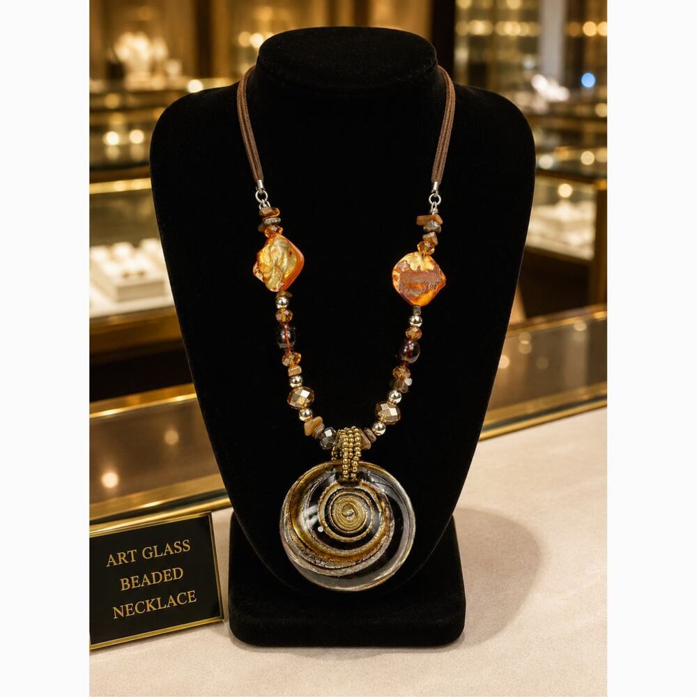 Erica Lyons Art Glass Statement Necklace 18" Brown Suede Cord Boho 2" Pendant